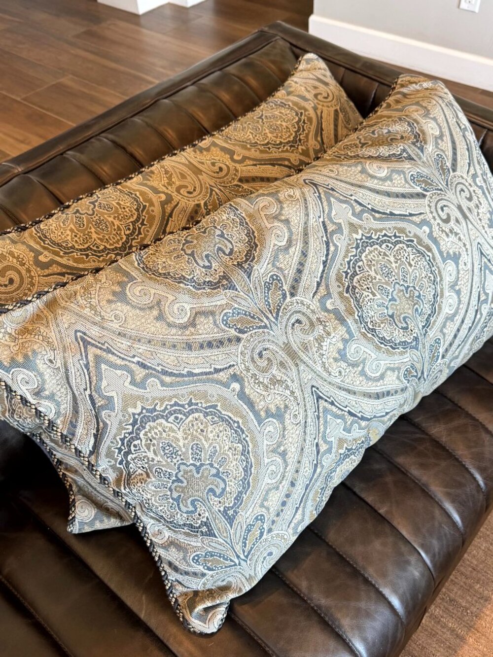 Croscill Blue & Green Jacquard King Pillow Shams w/ Blue & Gold Corded Trim - Picture 3 of 10